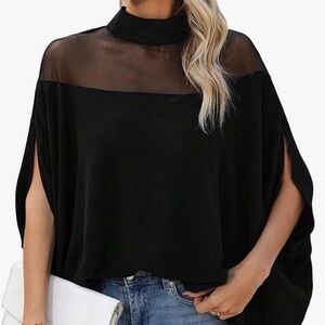 Women's Short Cape Sleeve Mock Neck Contrast Mesh Loose Casual Blouse
